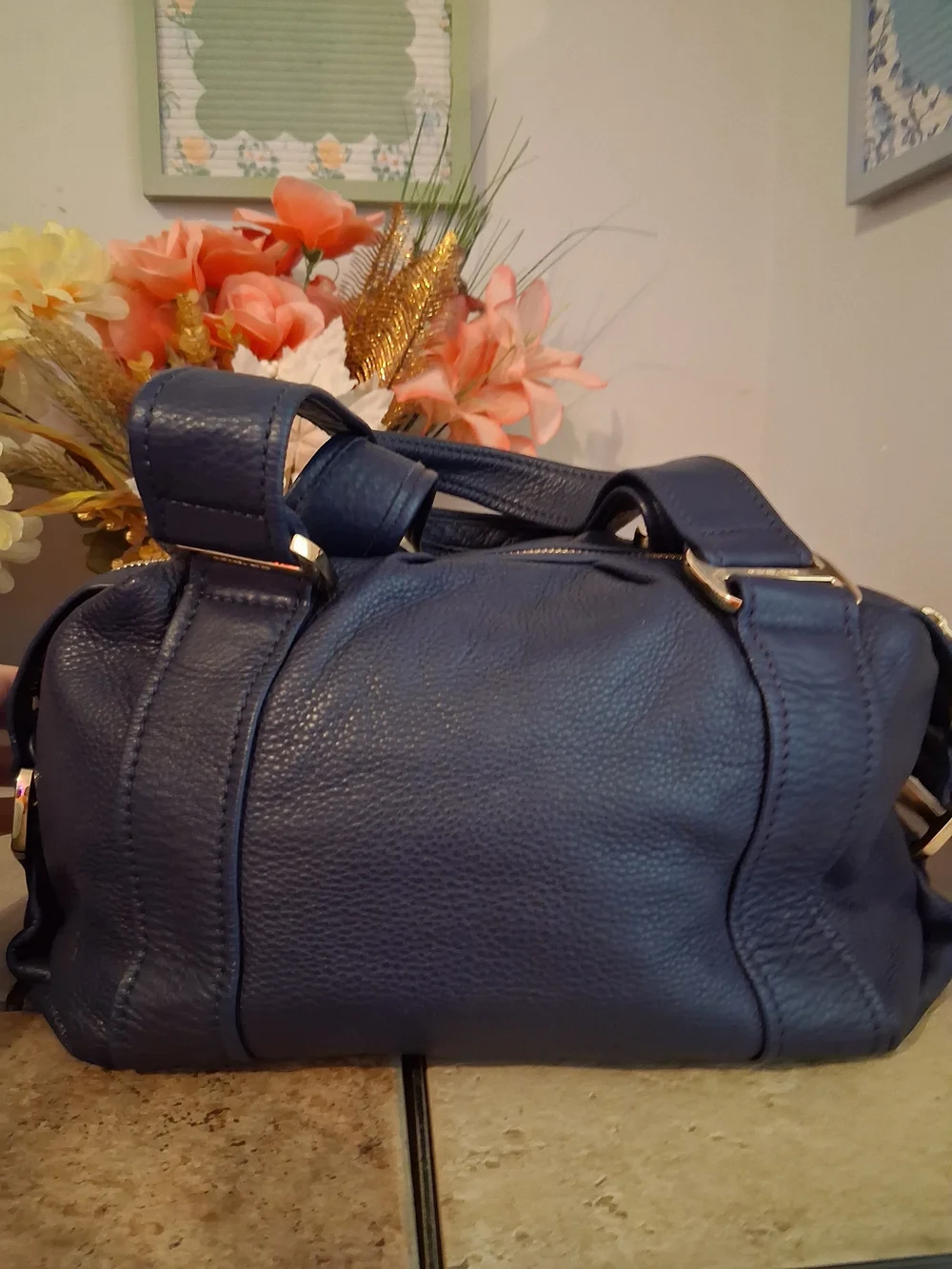 Michael Kors Navy Leather Slouchy Barrel Bag with Gold Hardware